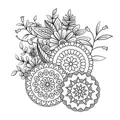 Adult coloring book page with flowers and mandalas. Floral pattern in black and white. Art therapy, anti stress coloring page. Hand drawn vector illustration