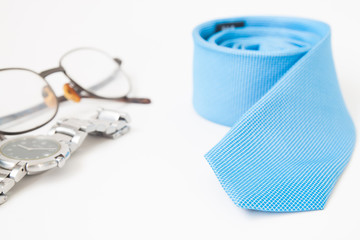 Set of men's clothing and accessories on white background