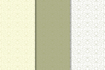 Olive green and white geometric seamless patterns