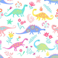 Dinosaurs Cute kids pattern for girls and boys, Colorful Cartoon Animals on the abstract seamless background, Artistic Backdrop for textile and fabric. - 195286304