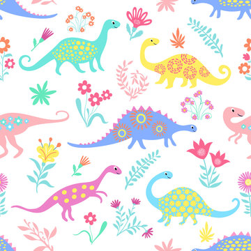 Dinosaurs Cute kids pattern for girls and boys, Colorful Cartoon Animals on the abstract seamless background, Artistic Backdrop for textile and fabric.