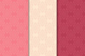 Cherry red floral ornaments. Set of vertical seamless patterns