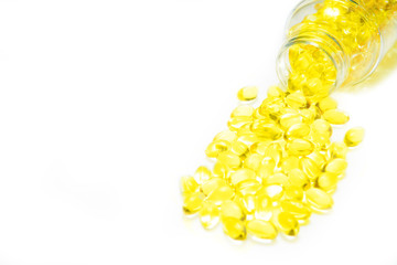 Fish oil, soft capsule, omega, supplement and bottle isolated on white background,healthy product concept with copy space