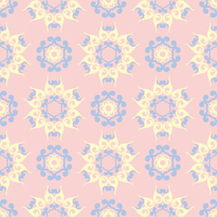 Floral pale pink seamless pattern with blue and beige designs