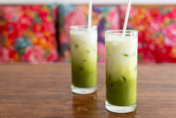 glass of iced matcha green tea latte