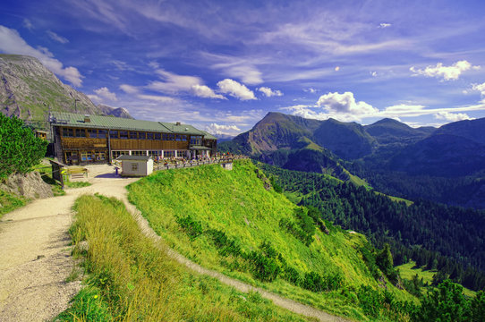 mountain chalet of Jennerbahn at Jenner peak in Germany Alps, mountain landscape