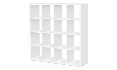 Shelving stand mockup isolated on white background - half side view. Vector illustration