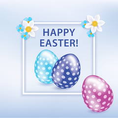 Blue pink Easter eggs and white snowdrops on the blue background. Blue Easter banner