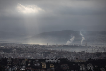 Moody and misty morning city and sea landscape in Trieste, Italy 