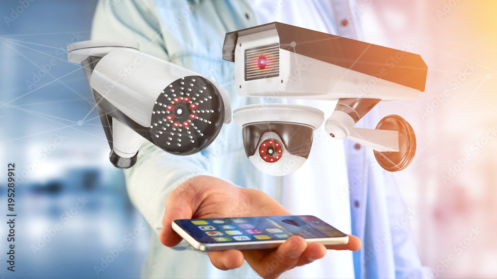 Poster businessman using a smartphone with a security camera system and network connection - 3d rendering