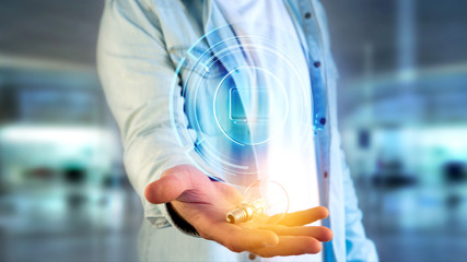 Businessman holding a Shinny technologic computer button - 3d render