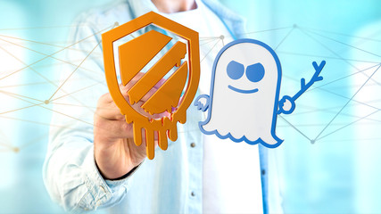 Businessman holding a Meltdown and Spectre processor attack with network connection - 3d render