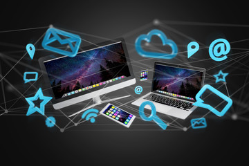 Devices like smartphone, tablet or computer flying over connection network and app- 3d render