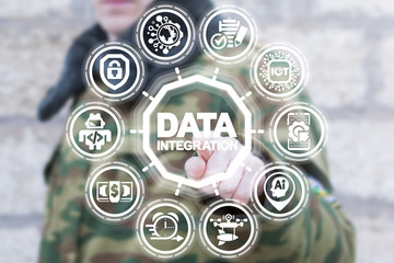 Soldier pressing text data integration button on a virtual interface. Big Database Military...