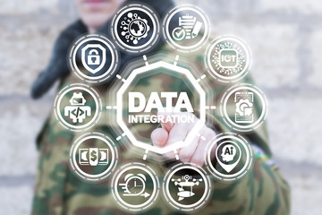 Soldier pressing text data integration button on a virtual interface. Big Database Military Technology. Data Integration Information Modern Innovative Technologies Army concept.
