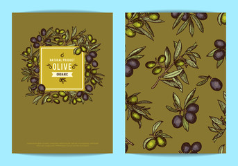 Vector card or flyer template with hand drawn olive branches
