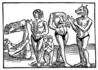 Vintage engraving, figments of medieval imagination,sailor's tales about human monsters, woodcarving year 1550