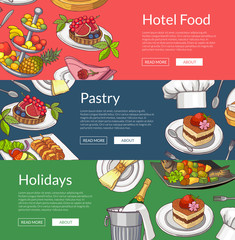 Vector web banner templates with hand drawn restaurant