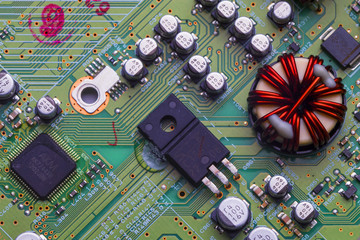 printed circuit Board with chips and radio components electronics