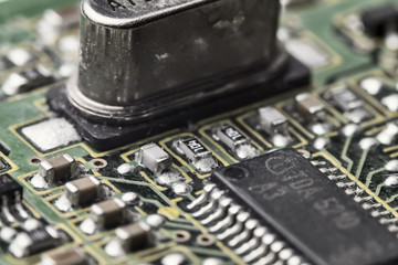 printed circuit Board with chips and radio components electronics