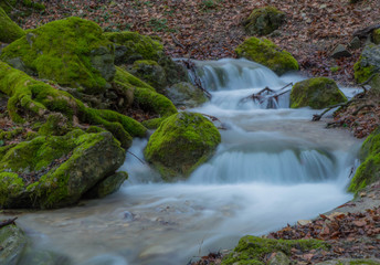 Waterfall with trees, stones and moss. Long-term exposure Pic 3
