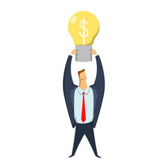 Businessman holding a lighted lamp with dollar sign over his head. Symbol of ideas, insights. Business concept, vector illustration, isolated on white background.