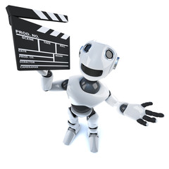 3d Funny robot character holding a movie making clapperboard