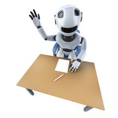 3d Funny robot character waving from begind an office desk