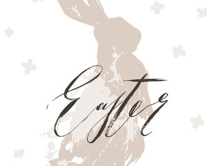 Hand drawn vector abstract graphic scandinavian collage Happy Easter cute simple bunny silhouette illustrations greeting card and modern Easter handwritten calligraphy isolated on white background