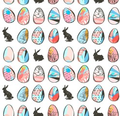 Hand drawn vector abstract sketch graphic scandinavian freehand textured modern collage Happy Easter cute simple bunny illustrations seamless pattern and Easter eggs isolated on white background