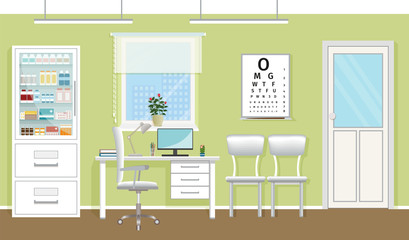 Doctor's office interior design in hospital. Empty medical consultation room with furniture and window.