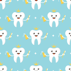 Cute smiling tooth character with brush and toothpaste seamless pattern background.
