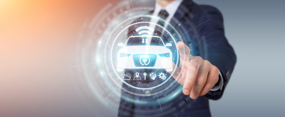 Businessman using modern smart car interface 3D rendering