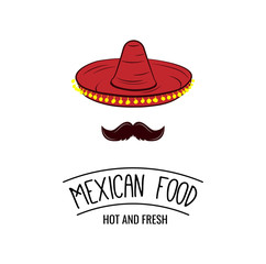 Sombrero and mustache. Mexican food badge. 
