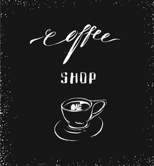 Hand drawn vector abstract artistic ink sketch drawing handwritten coffee word calligraphy and cup isolated on black chalkboard background.Coffee shop concept