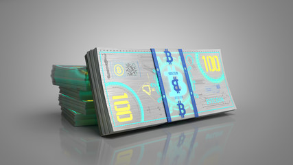 concept of bitcoin banknote money bills 3d render on grey