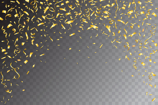 Festive design. Border of gold bright confetti isolated on transparent background. Party decoration frame for birthday, anniversary, celebration. Vector illustration, eps 10.
