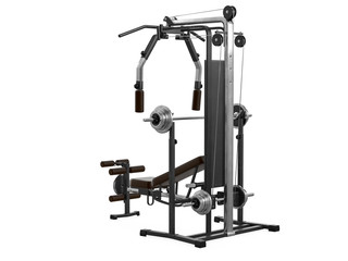 Multifunctional gym machine, angle view isolated on white background. 3D Rendering, Illustration.