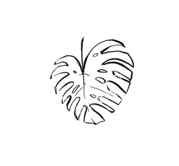 Hand drawn vector abstract ink drawing graphic sketch illustration icon with tropical exotic monstera palm leaf isolated on white background
