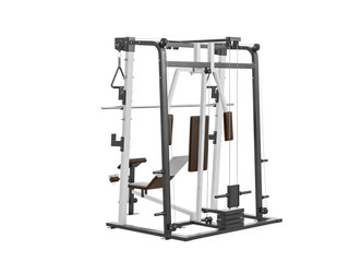 Multifunctional gym machine, angle view isolated on white background. 3D Rendering, Illustration.