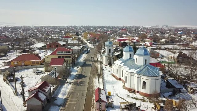 Aerial view of a small village in the danube delta, winter landscape