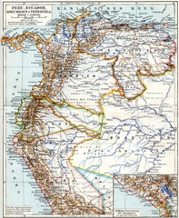 Map of Peru, Ecuador, Colombia and Venezuela ca. 1890 (from Meyers Lexikon, 1896, 13/704/705)