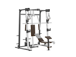 Multifunctional gym machine, angle view isolated on white background. 3D Rendering, Illustration.