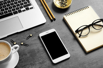 Set of devices and stationery on grey background. Mockup for design