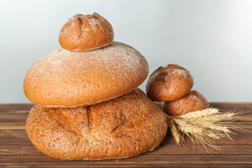 Freshly baked bread products on table