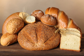 Freshly baked bread products on table