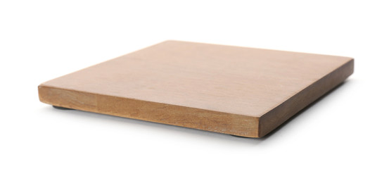 Wooden board on white background. Handcrafted cooking utensils