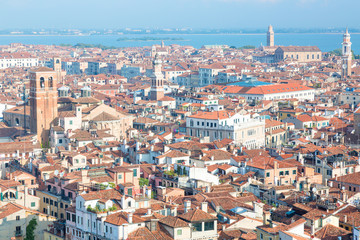 Fototapeta na wymiar Aerial city view of Venice, Italy during misty morning in sommer. Tourism background concept.