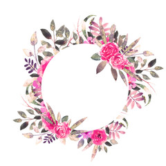 Watercolor flowers, leaves. Wreath, floral frame