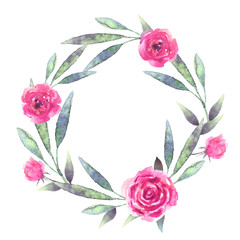 Watercolor flowers, leaves. Wreath, floral frame